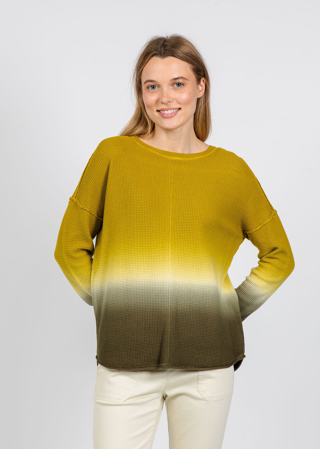 Elliott Lauren Ombre Waffle Stitch Sweater in Olive available at Barbara Katz