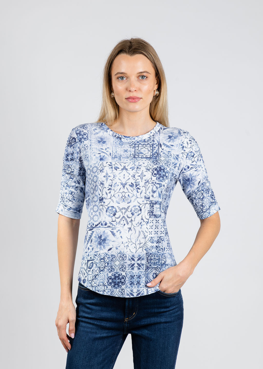 Elliott Lauren Patch Of Blue Ruched Sleeve Tee in Blue available at Barbara Katz