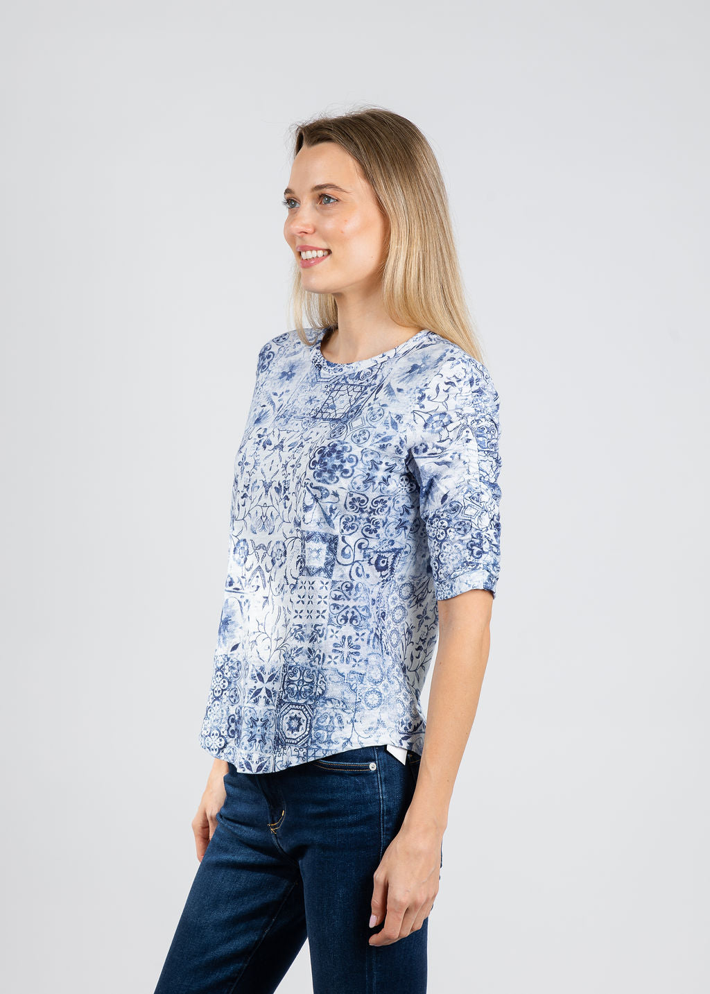 Elliott Lauren Patch Of Blue Ruched Sleeve Tee in Blue available at Barbara Katz