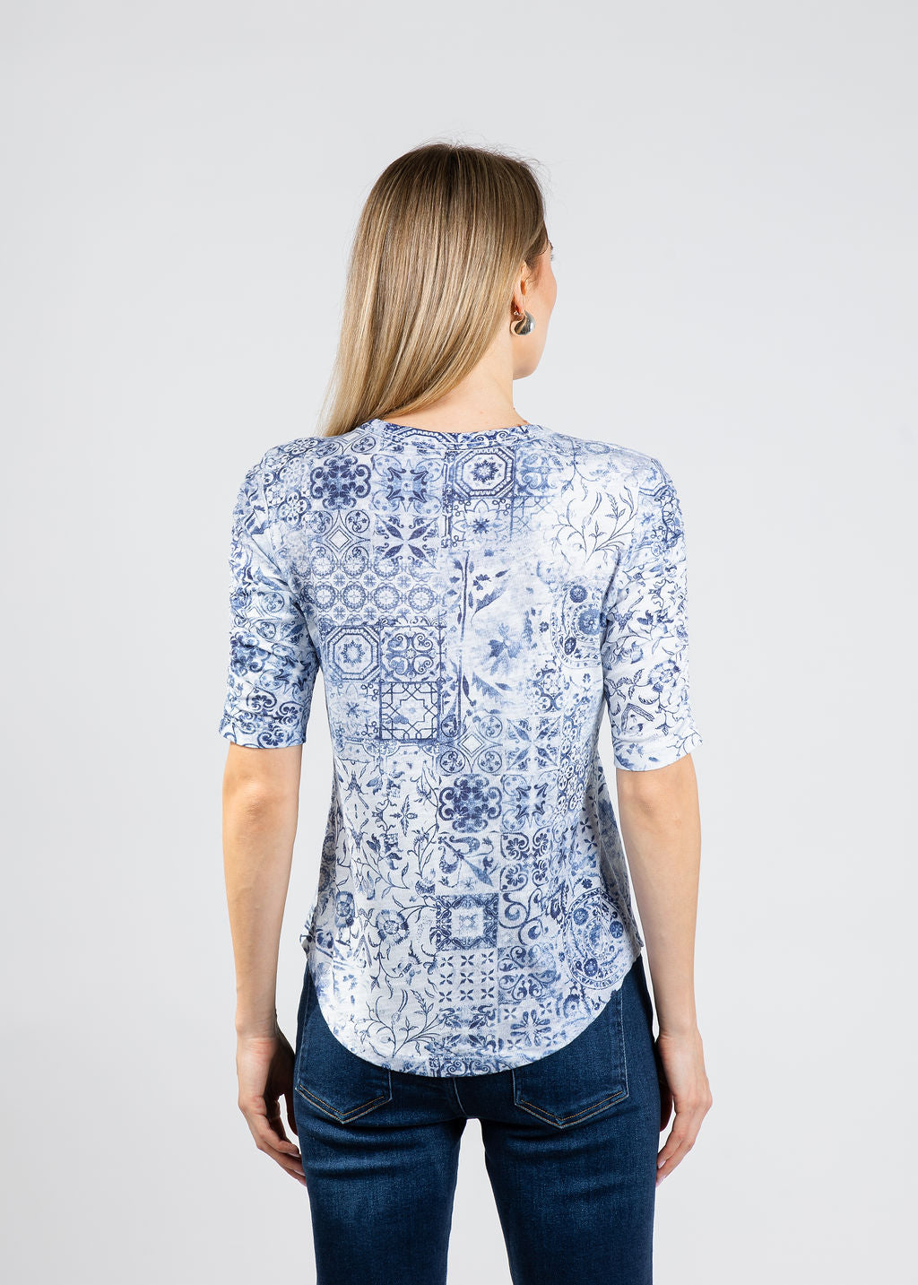 Elliott Lauren Patch Of Blue Ruched Sleeve Tee in Blue available at Barbara Katz