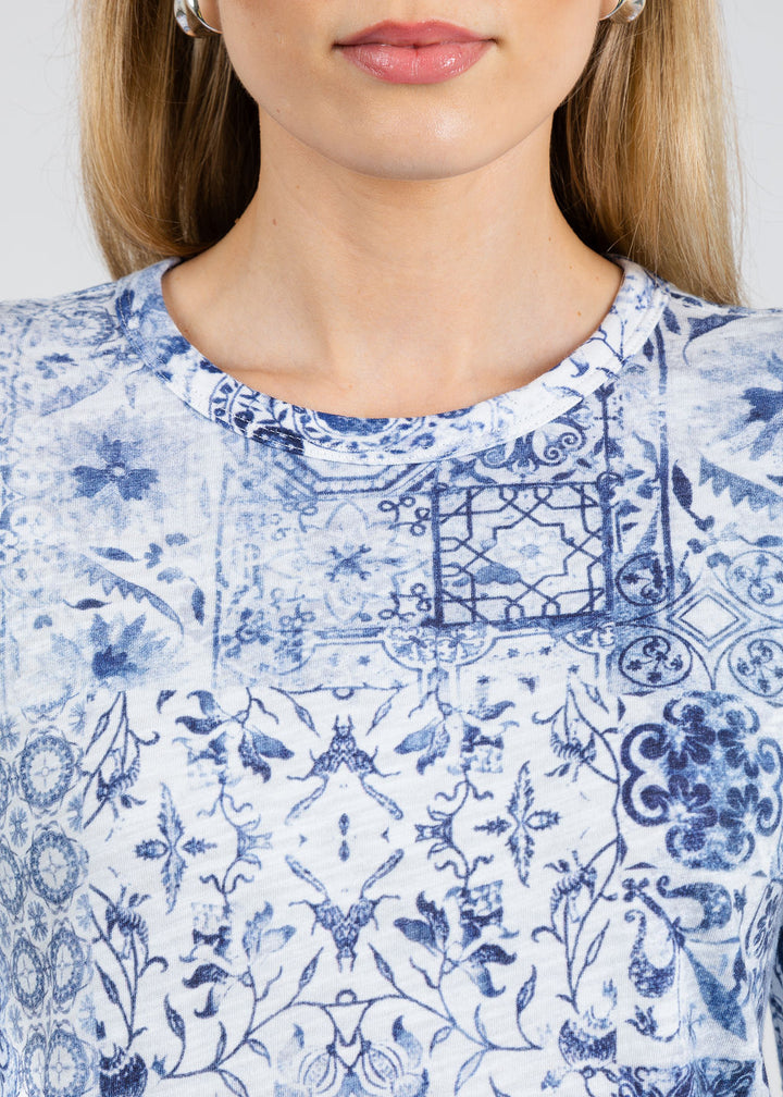 Elliott Lauren Patch Of Blue Ruched Sleeve Tee in Blue available at Barbara Katz