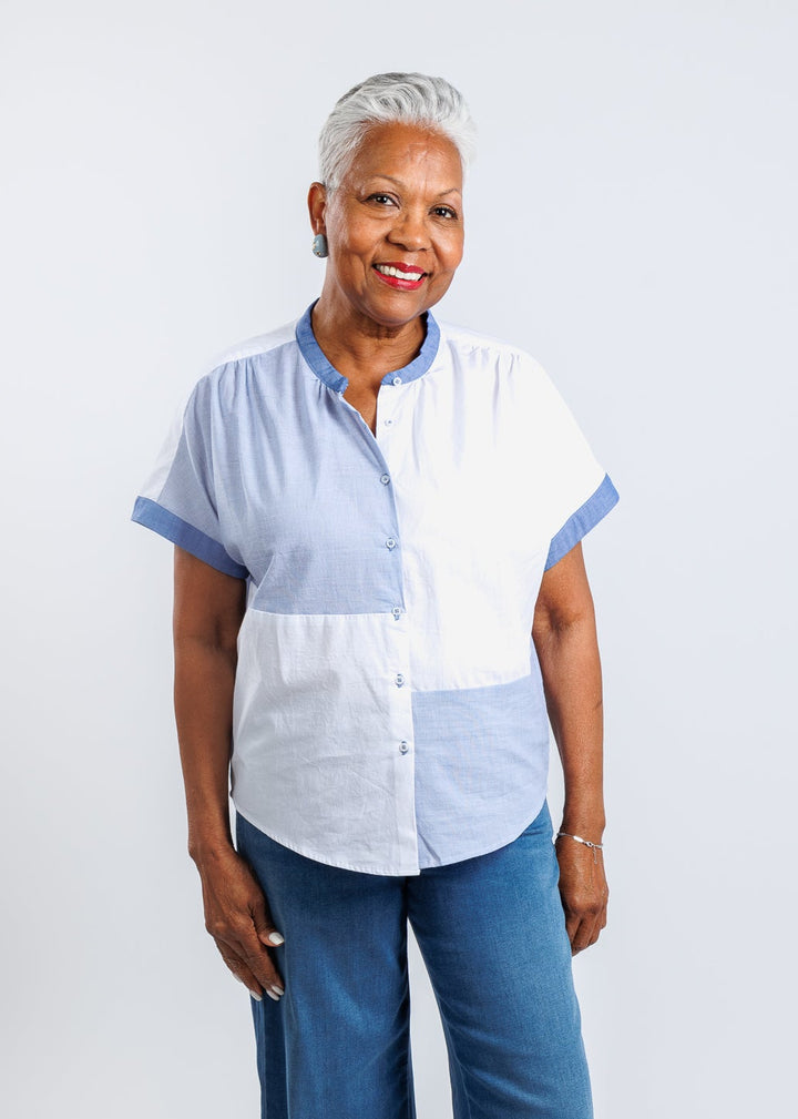 Elliott Lauren Patchwork Button Front Shirt in Blue/White available at Barbara Katz