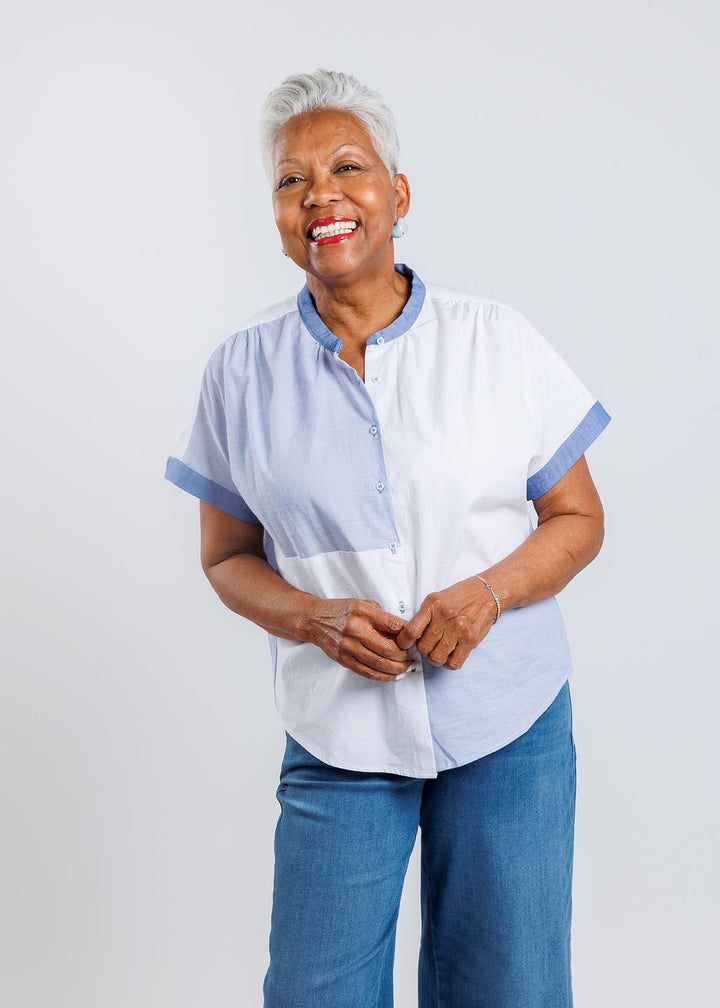 Elliott Lauren Patchwork Button Front Shirt in Blue/White available at Barbara Katz