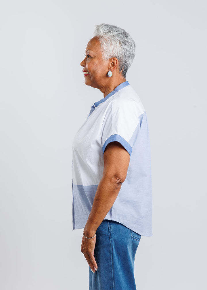 Elliott Lauren Patchwork Button Front Short SleeveShirt in Blue/White available at Barbara Katz