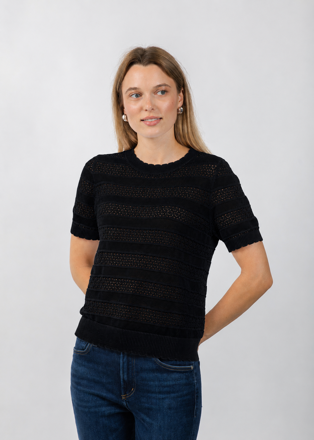 Elliott Lauren Pointelle Short Sleeve Sweater in Black available at Barbara Katz
