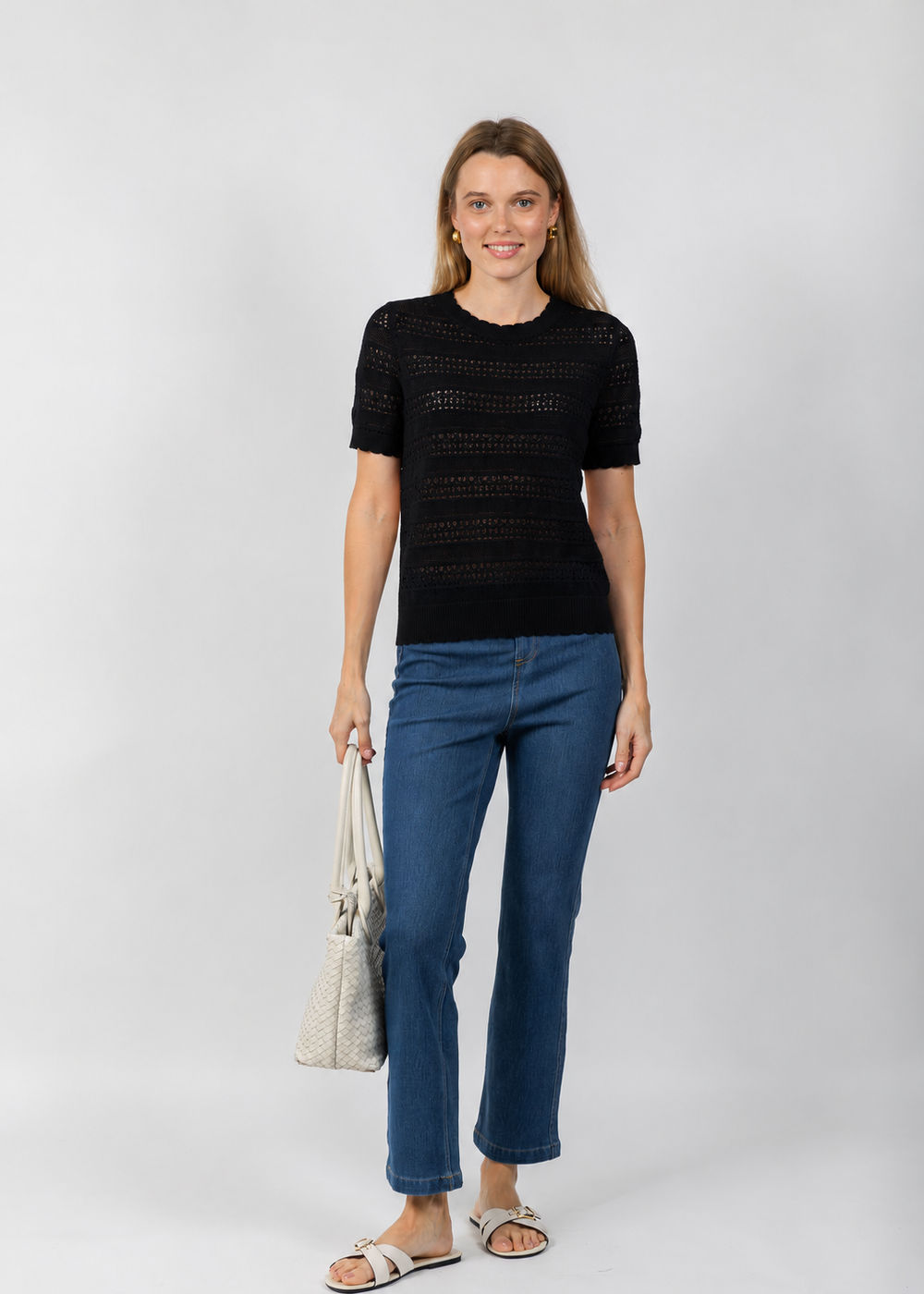 Elliott Lauren Pointelle Short Sleeve Sweater in Black available at Barbara Katz