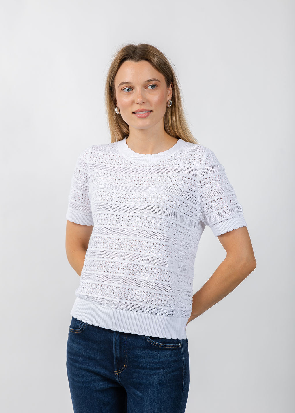 Elliott Lauren Pointelle Short Sleeve Sweater in White available at Barbara Katz