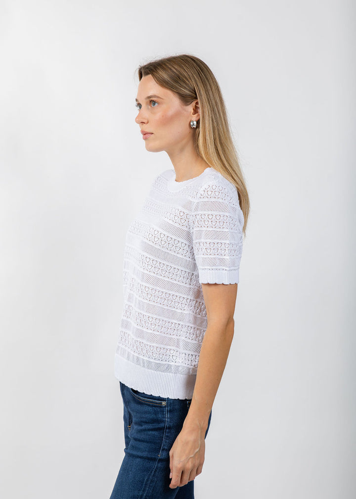 Elliott Lauren Pointelle Short Sleeve Sweater in White available at Barbara Katz