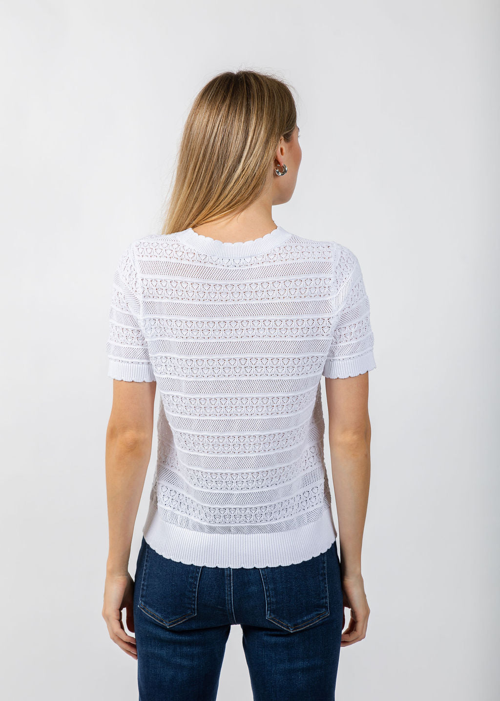 Elliott Lauren Pointelle Short Sleeve Sweater in White available at Barbara Katz