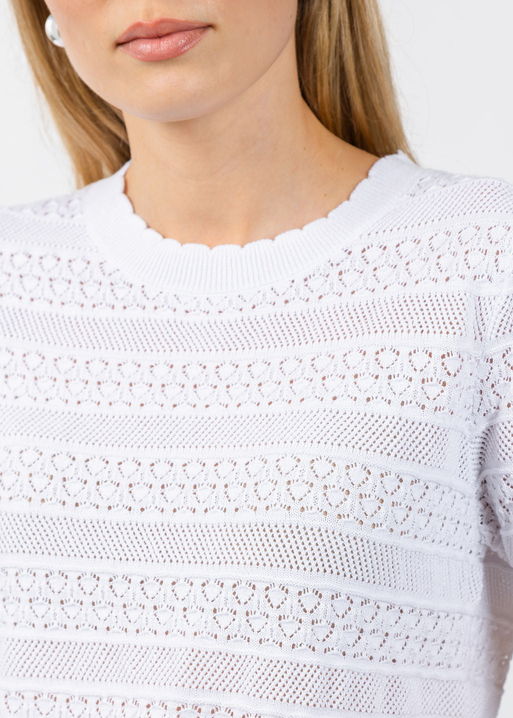 Elliott Lauren Pointelle Short Sleeve Sweater in White available at Barbara Katz