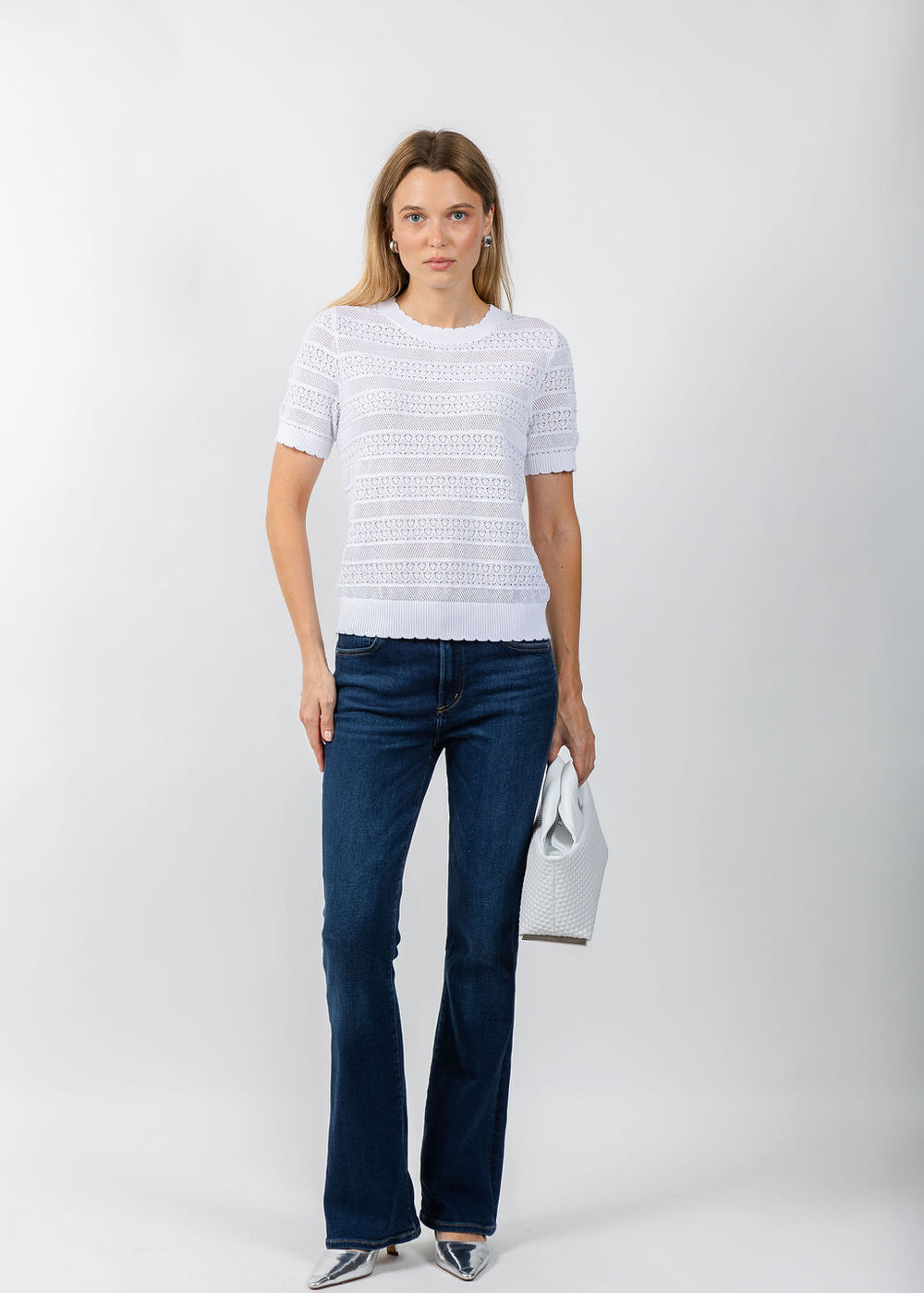 Elliott Lauren Pointelle Short Sleeve Sweater in White available at Barbara Katz