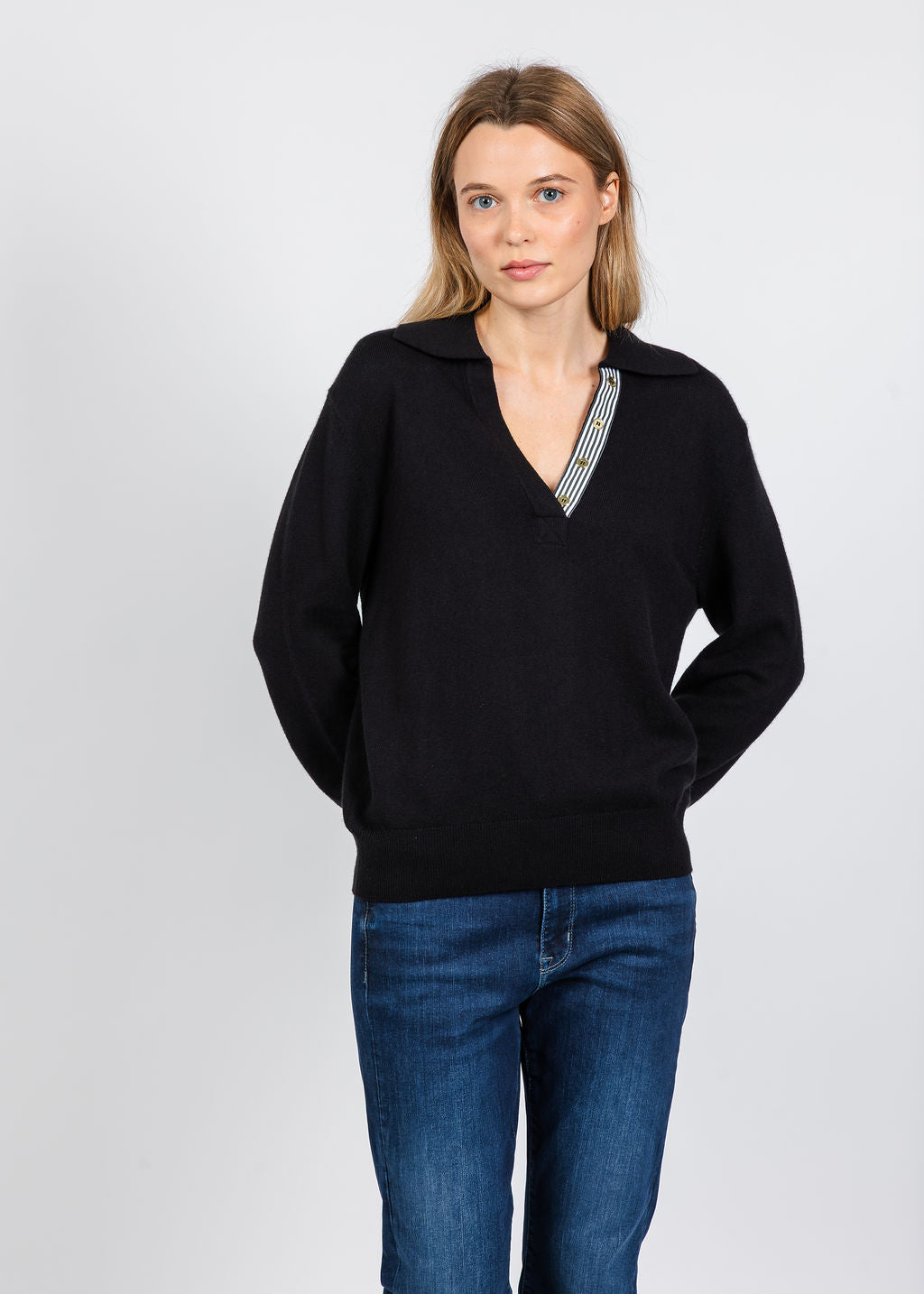 Elliott Lauren Polo Sweater With Shirting Trim in Black available at Barbara Katz