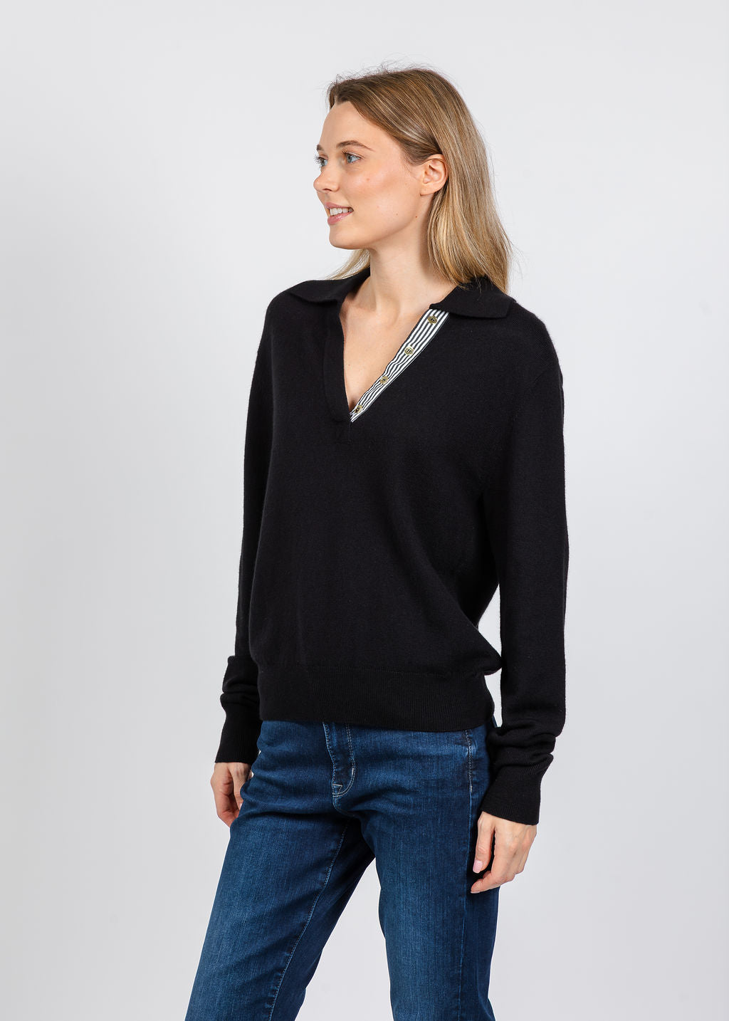 Elliott Lauren Polo Sweater With Shirting Trim in Black available at Barbara Katz