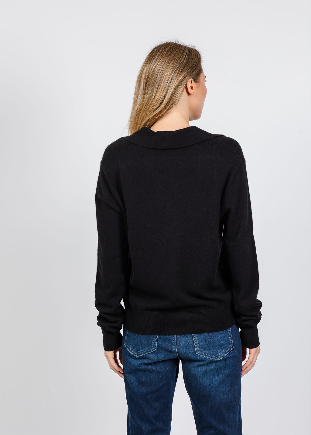 Elliott Lauren Polo Sweater With Shirting Trim in Black available at Barbara Katz