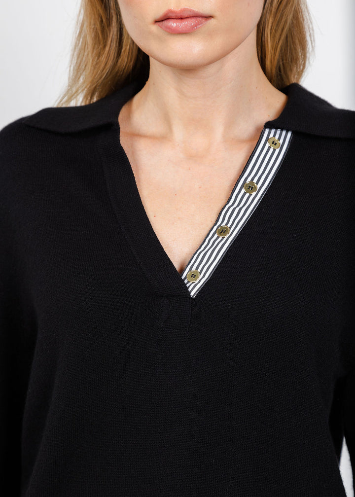 Elliott Lauren Polo Sweater With Shirting Trim in Black available at Barbara Katz