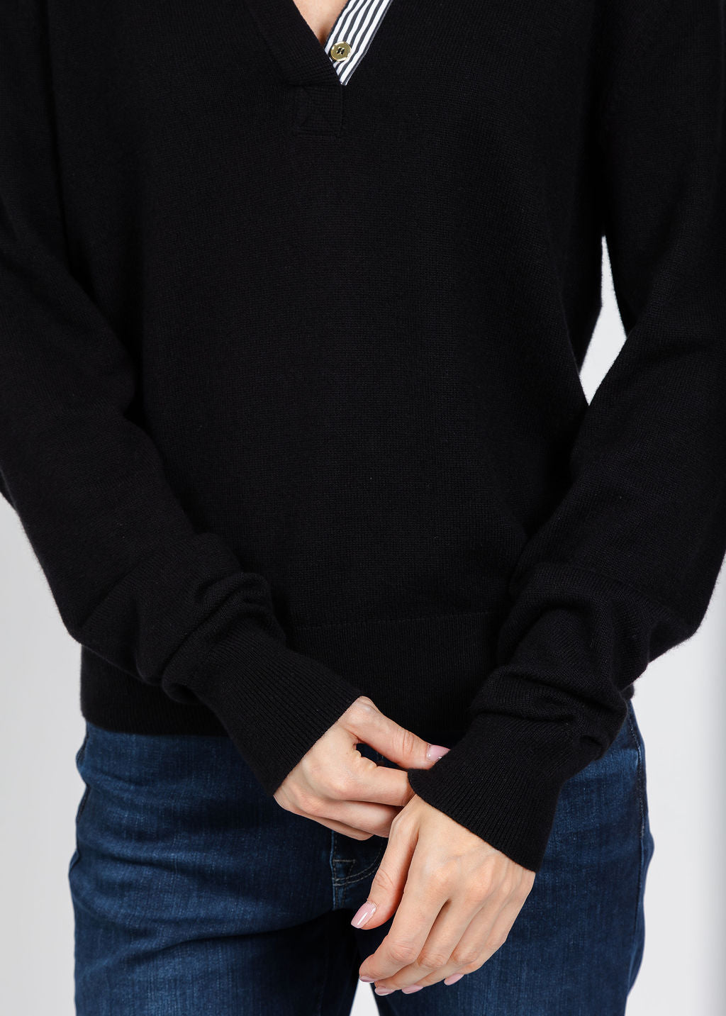 Elliott Lauren Polo Sweater With Shirting Trim in Black available at Barbara Katz