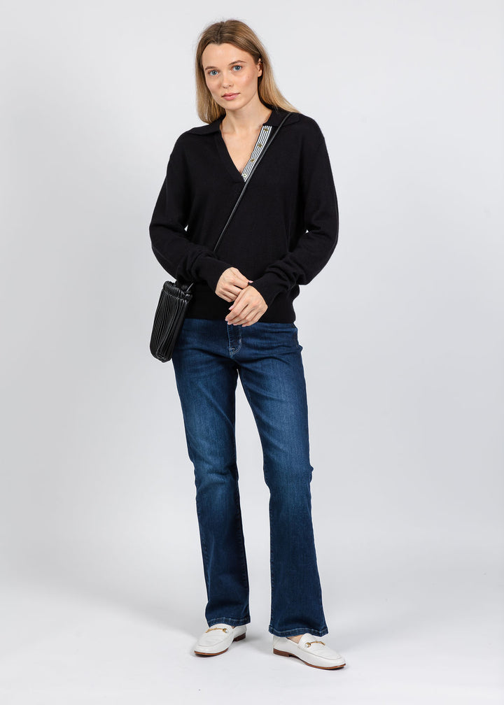 Elliott Lauren Polo Sweater With Shirting Trim in Black available at Barbara Katz