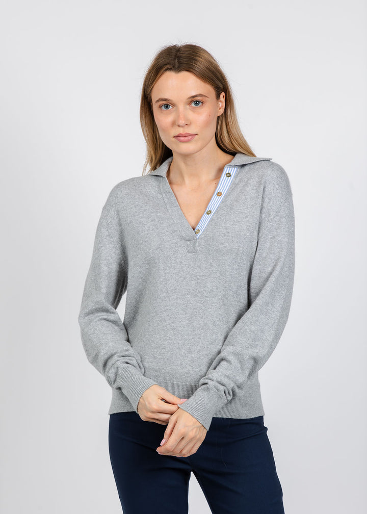 Elliott Lauren Polo Sweater With Shirting Trim in Grey available at Barbara Katz