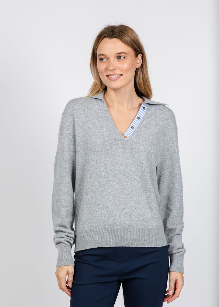 Elliott Lauren Polo Sweater With Shirting Trim in Grey available at Barbara Katz