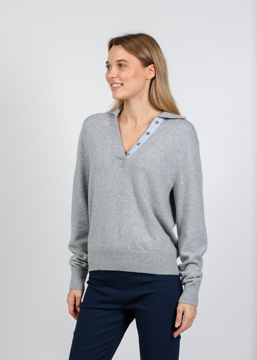 Elliott Lauren Polo Sweater With Shirting Trim in Grey available at Barbara Katz