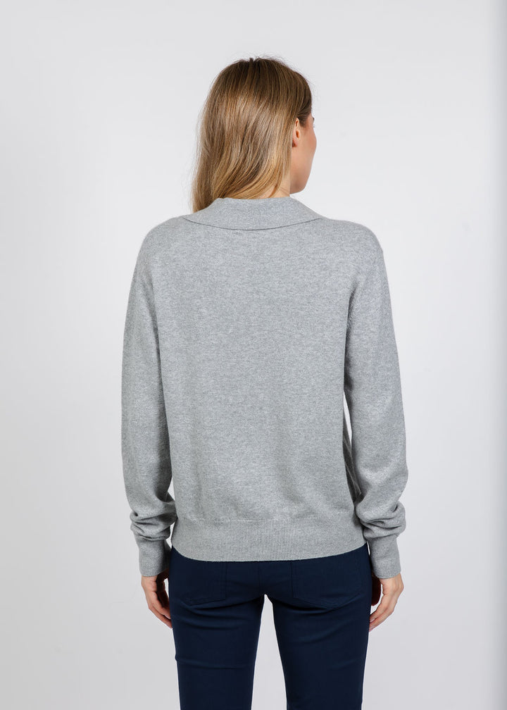 Elliott Lauren Polo Sweater With Shirting Trim in Grey available at Barbara Katz