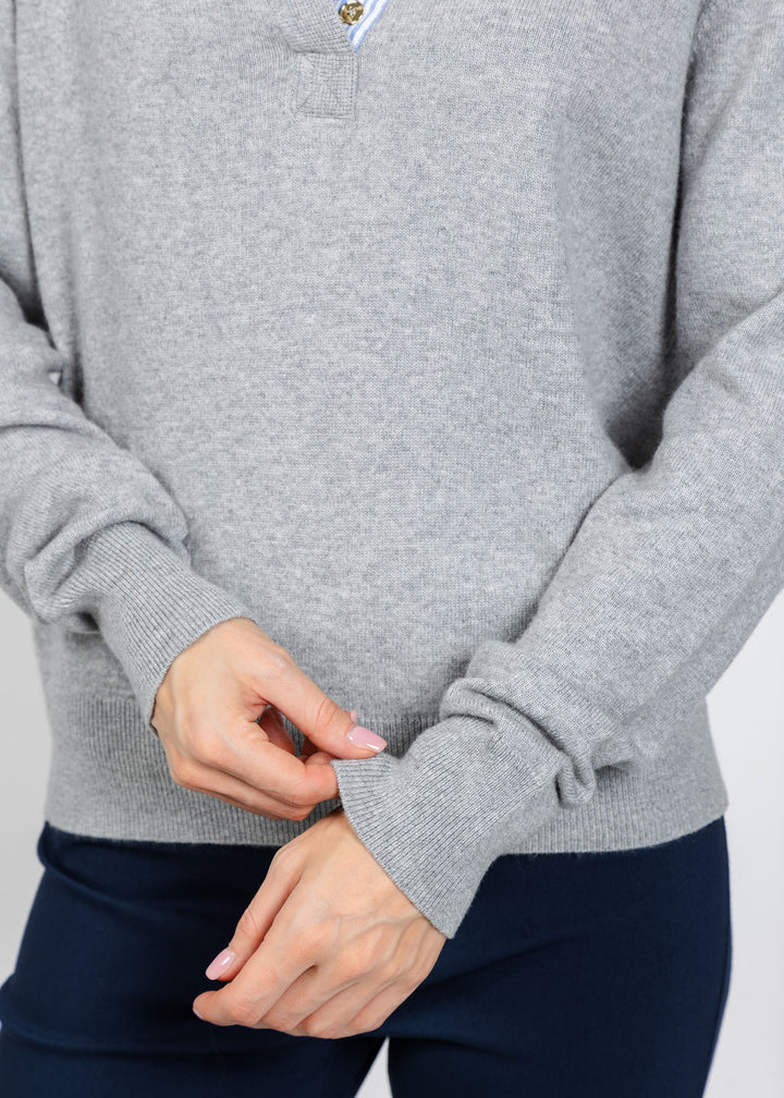 Elliott Lauren Polo Sweater With Shirting Trim in Grey available at Barbara Katz
