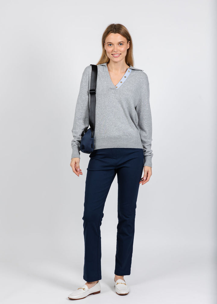 Elliott Lauren Polo Sweater With Shirting Trim in Grey available at Barbara Katz