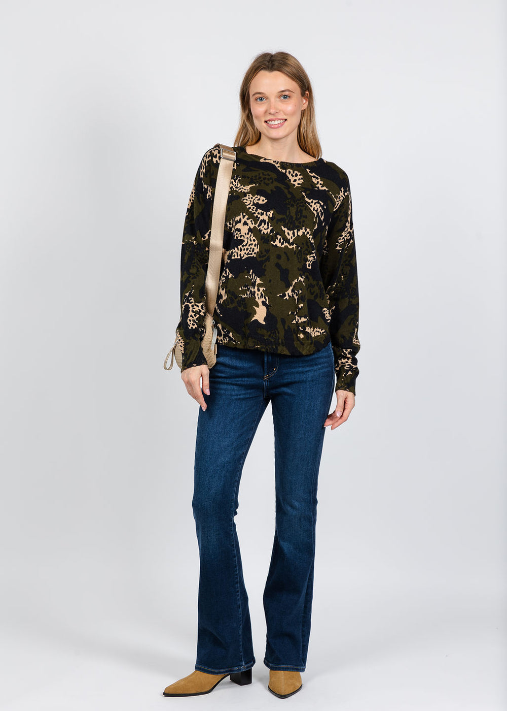 Elliott Lauren Printed Sweater in Olive available at Barbara Katz
