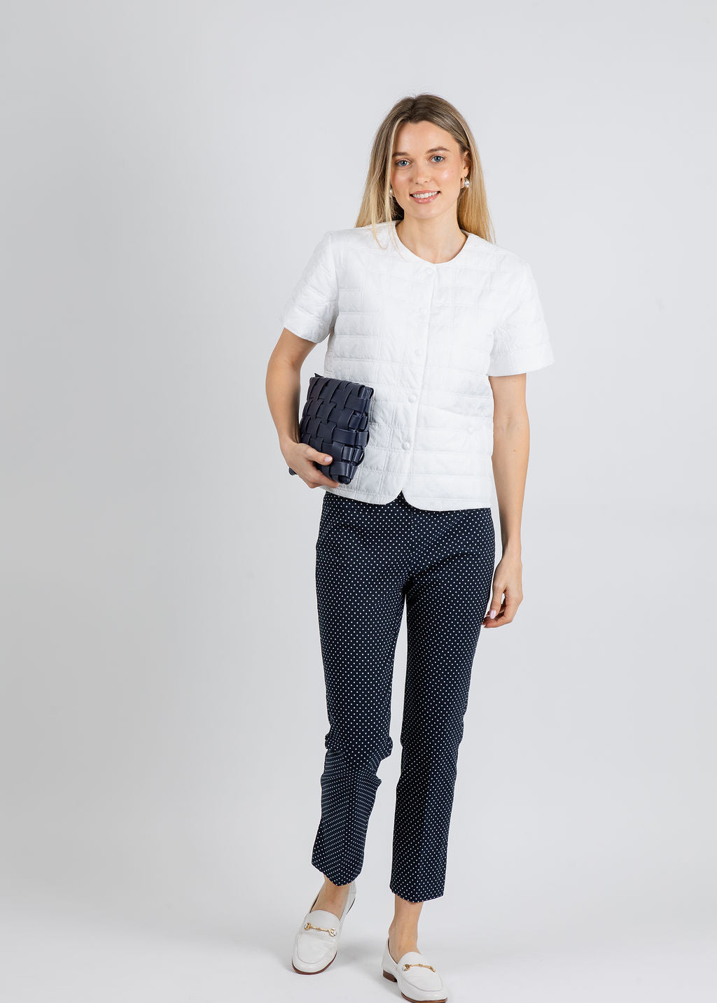 Elliott Lauren Pull-On Pants With Side Vent in Dot/Navy available at Barbara Katz