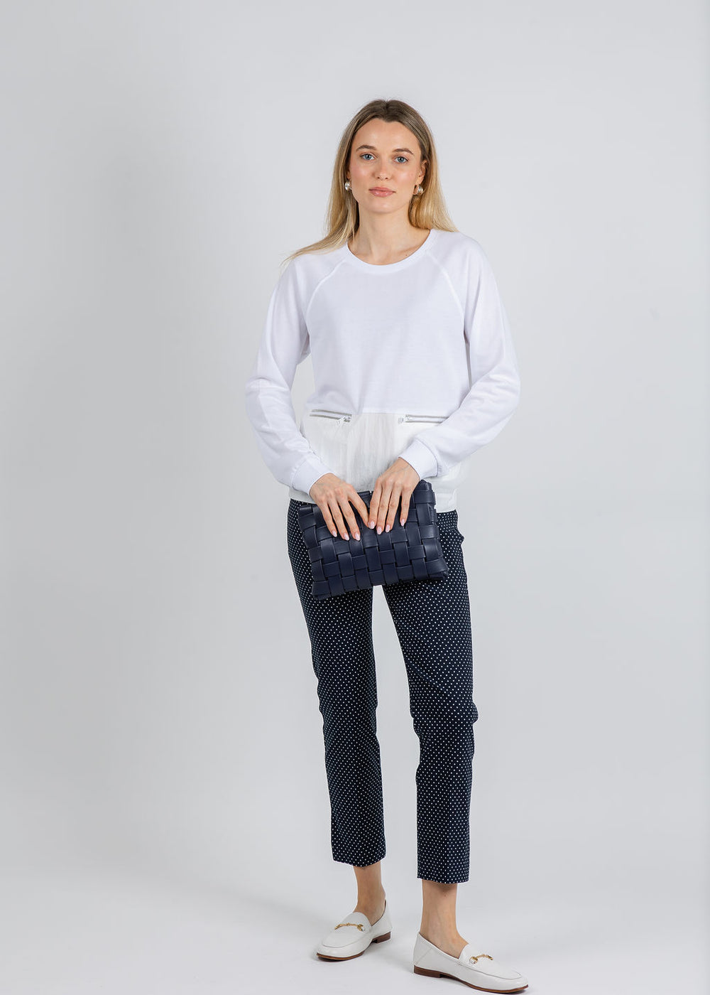 Elliott Lauren Knit/Woven Combo Top With Zipper Pocket in White paired with Elliott Lauren Pull-On Pants With Side Vent in Dot/Navy available at Barbara Katz