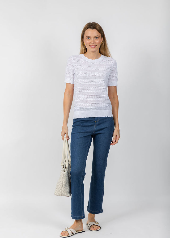 Elliott Lauren Pointelle Short Sleeve Sweater paired with Pull On Knit Denim Pants available at Barbara Katz