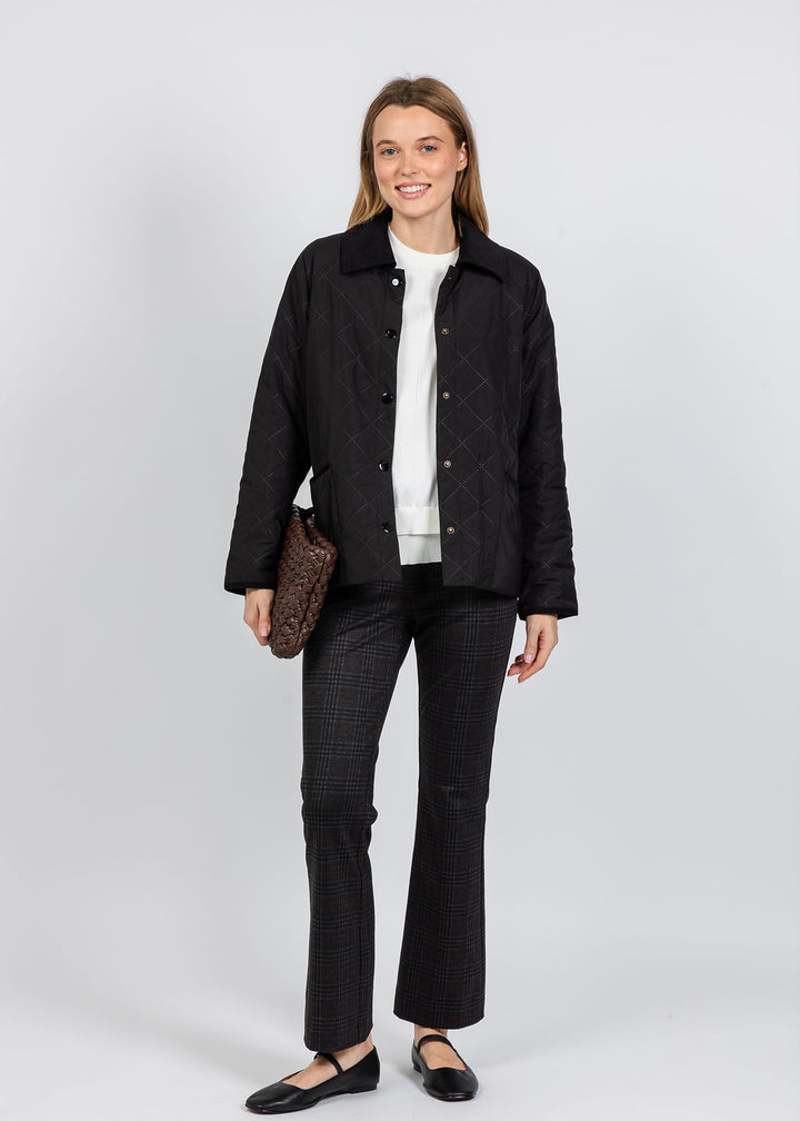 Elliott Lauren Quilted Jacket in Black paired with Elliott Lauren Plaid Trousers available at Barbara Katz