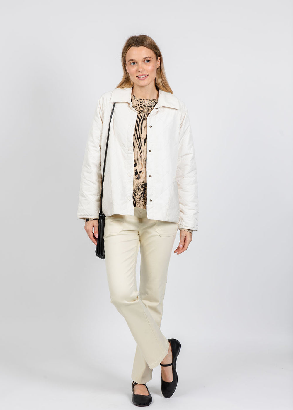 Elliott Lauren Quilted Jacket in Ecru paired with Elliott Lauren Modern Twill Bootcut Pant in Cream available at Barbara Katz