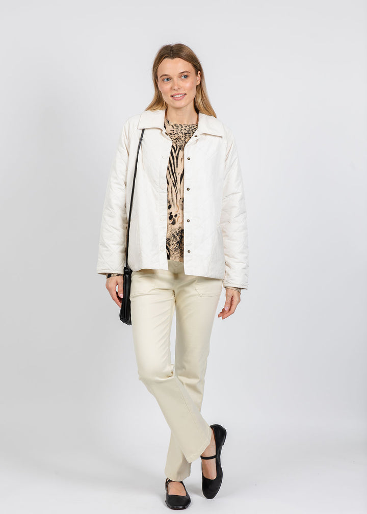 Elliott Lauren Quilted Jacket in Ecru paired with Elliott Lauren Modern Twill Bootcut Pant in Cream available at Barbara Katz