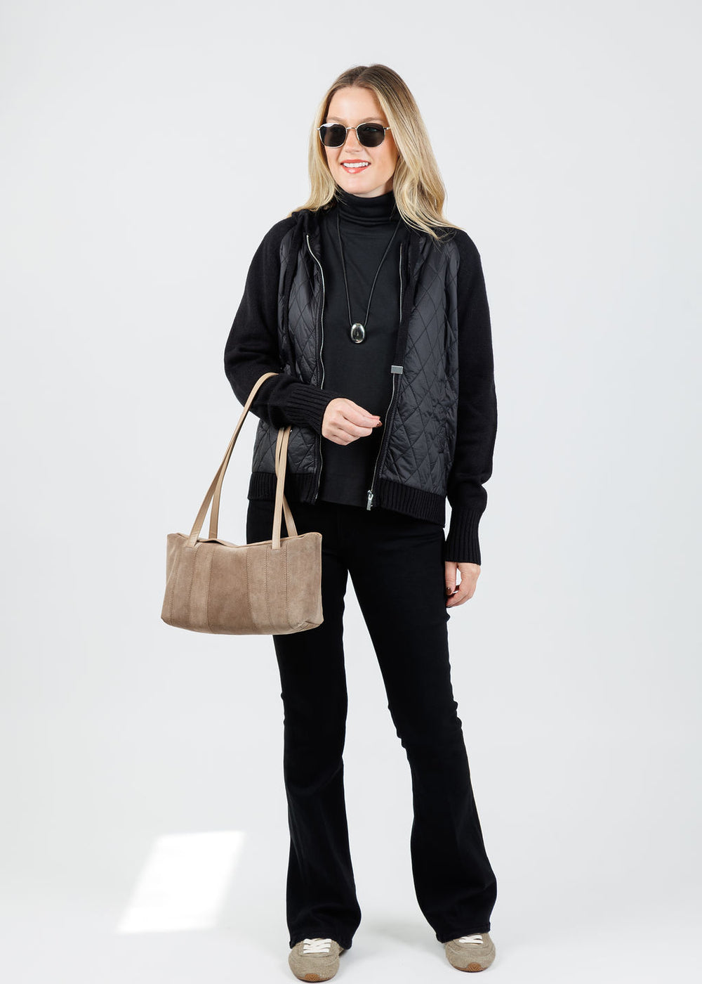 Elliott Lauren Quilted Zip Front Sweater in Black with B-Low the Belt Rowe Suede Shoulder Bag in Taupe available at Barbara Katz