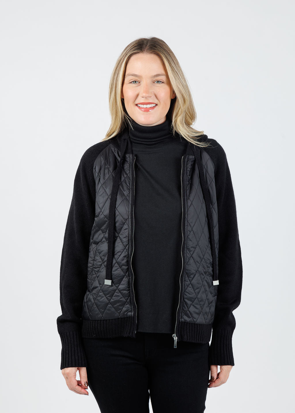 Elliott Lauren Quilted Zip Front Sweater in Black available at Barbara Katz