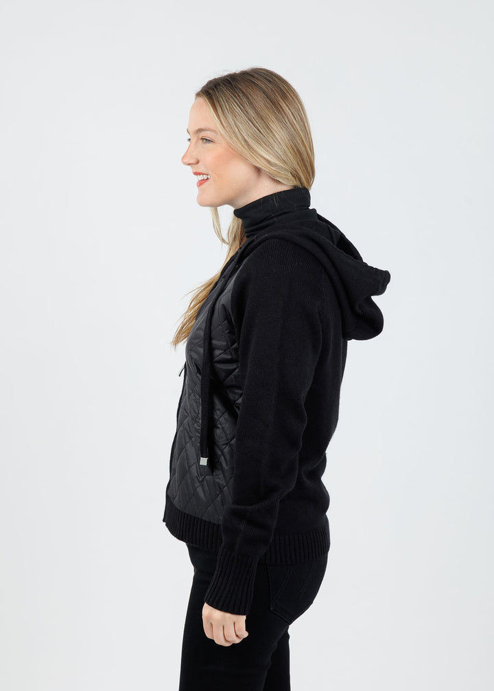 Elliott Lauren Quilted Zip Front Sweater in Black available at Barbara Katz
