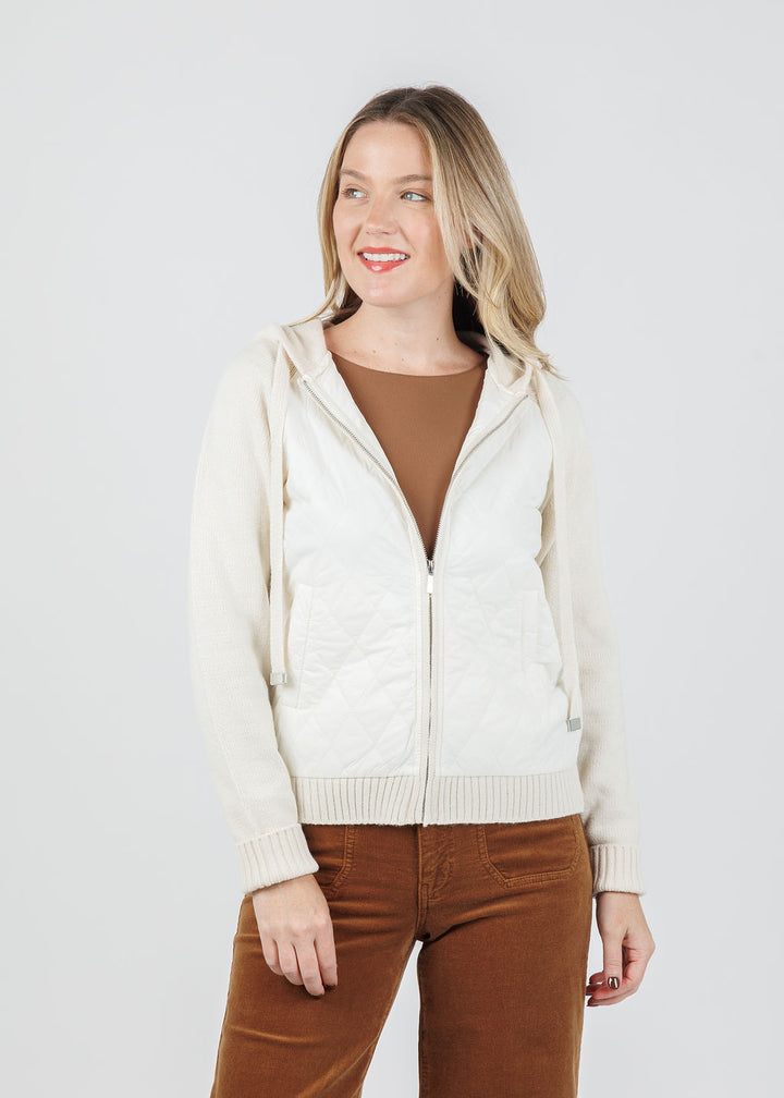 Elliott Lauren Quilted Zip Front Sweater in Cream available at Barbara Katz