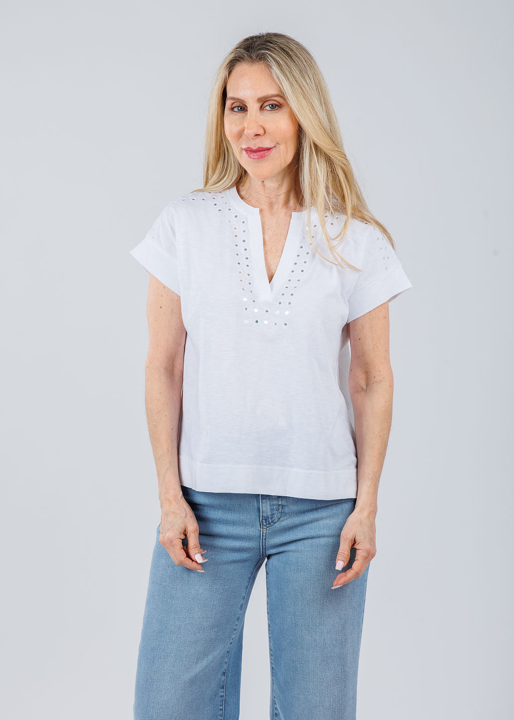 Elliott Lauren Ramy V-Neck Top With Mirror Sequin Detail in White available at Barbara Katz