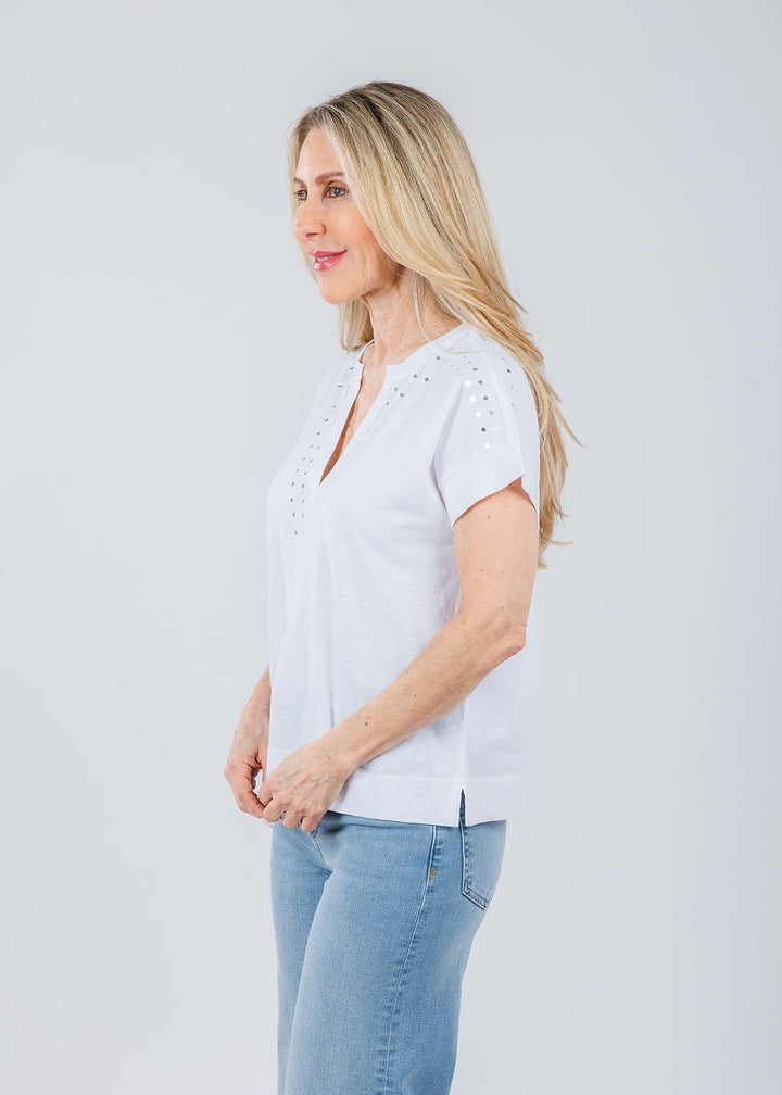Elliott Lauren Ramy V-Neck Top With Mirror Sequin Detail in White available at Barbara Katz