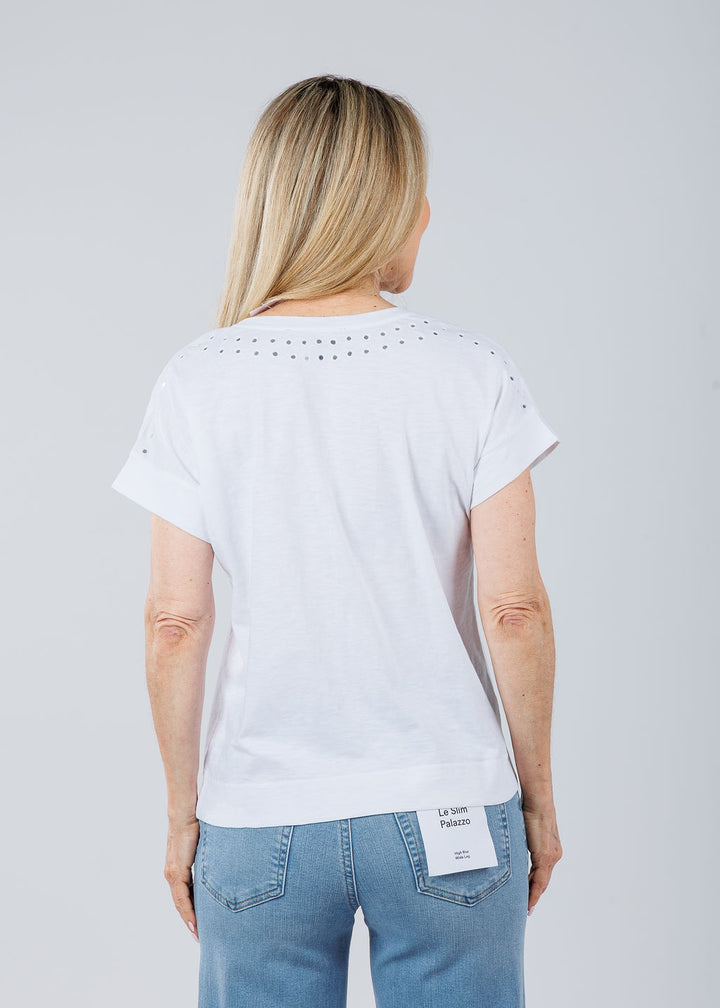 Elliott Lauren Ramy V-Neck Top With Mirror Sequin Detail in White available at Barbara Katz