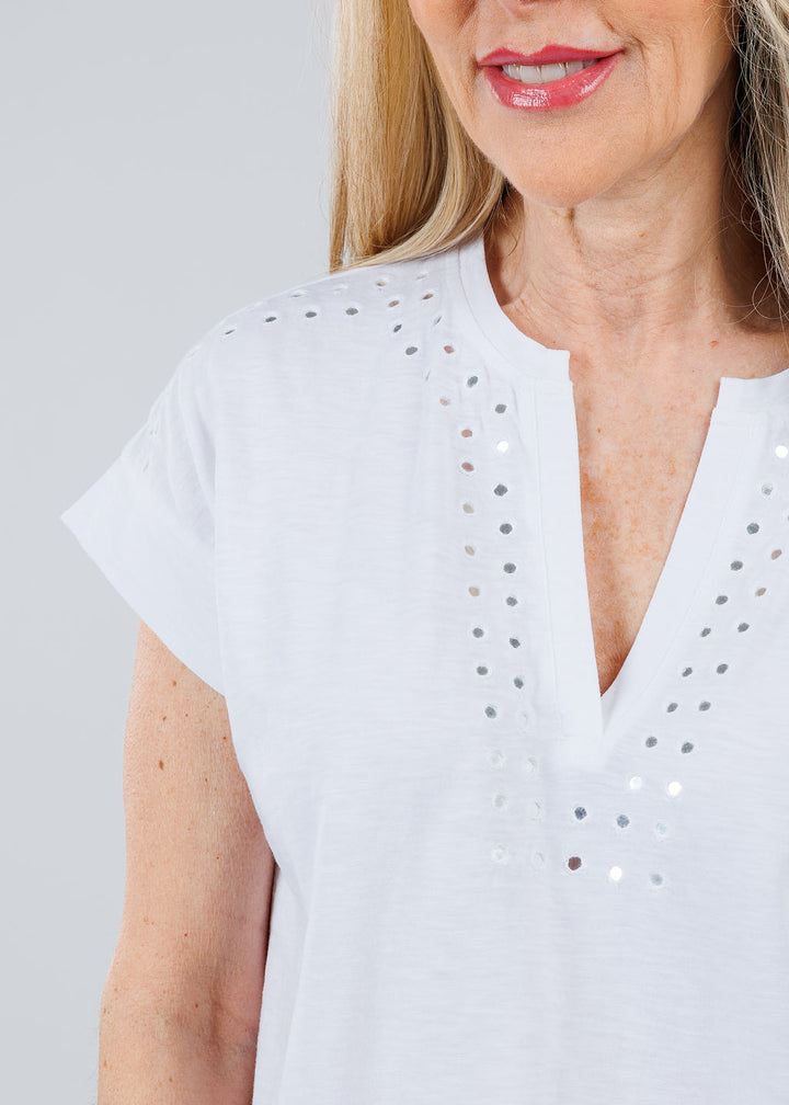 Elliott Lauren Ramy V-Neck Top With Mirror Sequin Detail in White available at Barbara Katz
