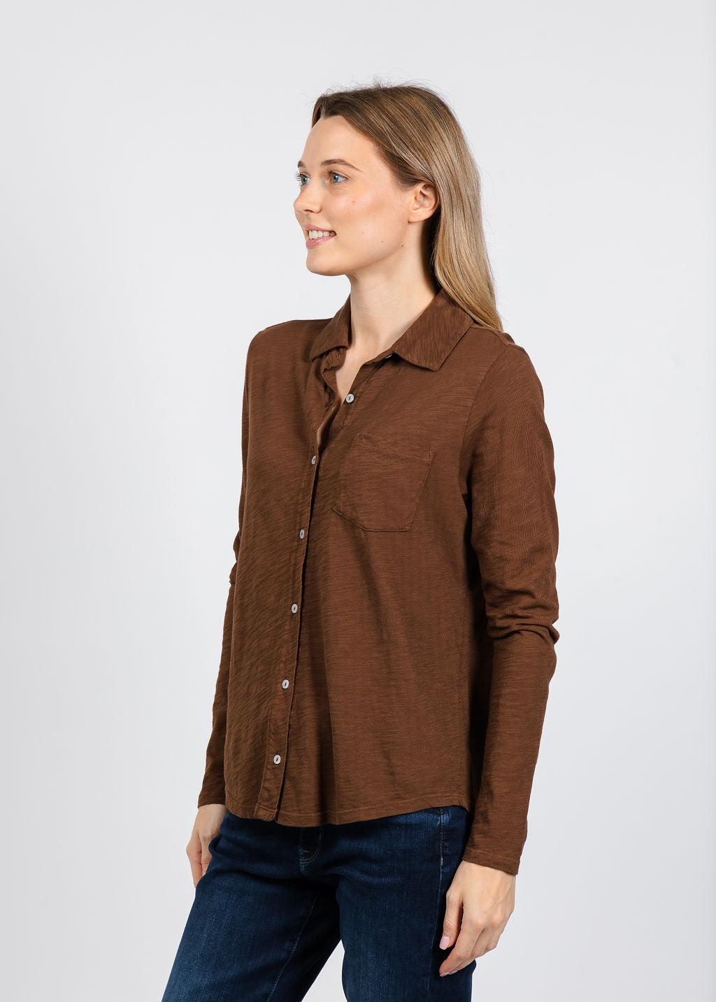 Elliott Lauren Reese Long Sleeve Button Front Shirt in Chocolate available at Barbara Katz
