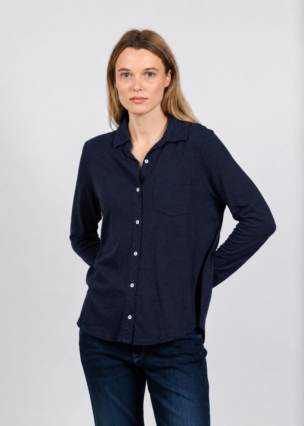 Elliott Lauren Reese Long Sleeve Button Front Shirt in Navy available at Barbara Katz