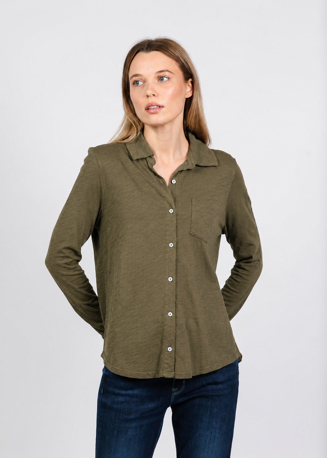 Elliott Lauren Reese Long Sleeve Button Front Shirt in Olive available at Barbara Katz