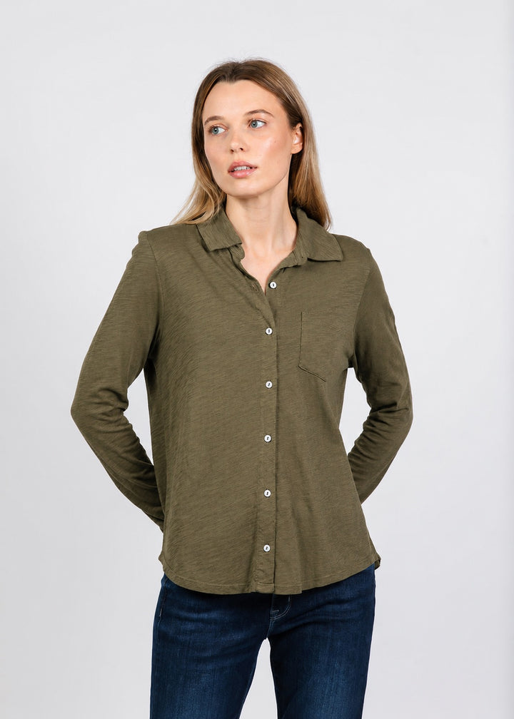 Elliott Lauren Reese Long Sleeve Button Front Shirt in Olive available at Barbara Katz