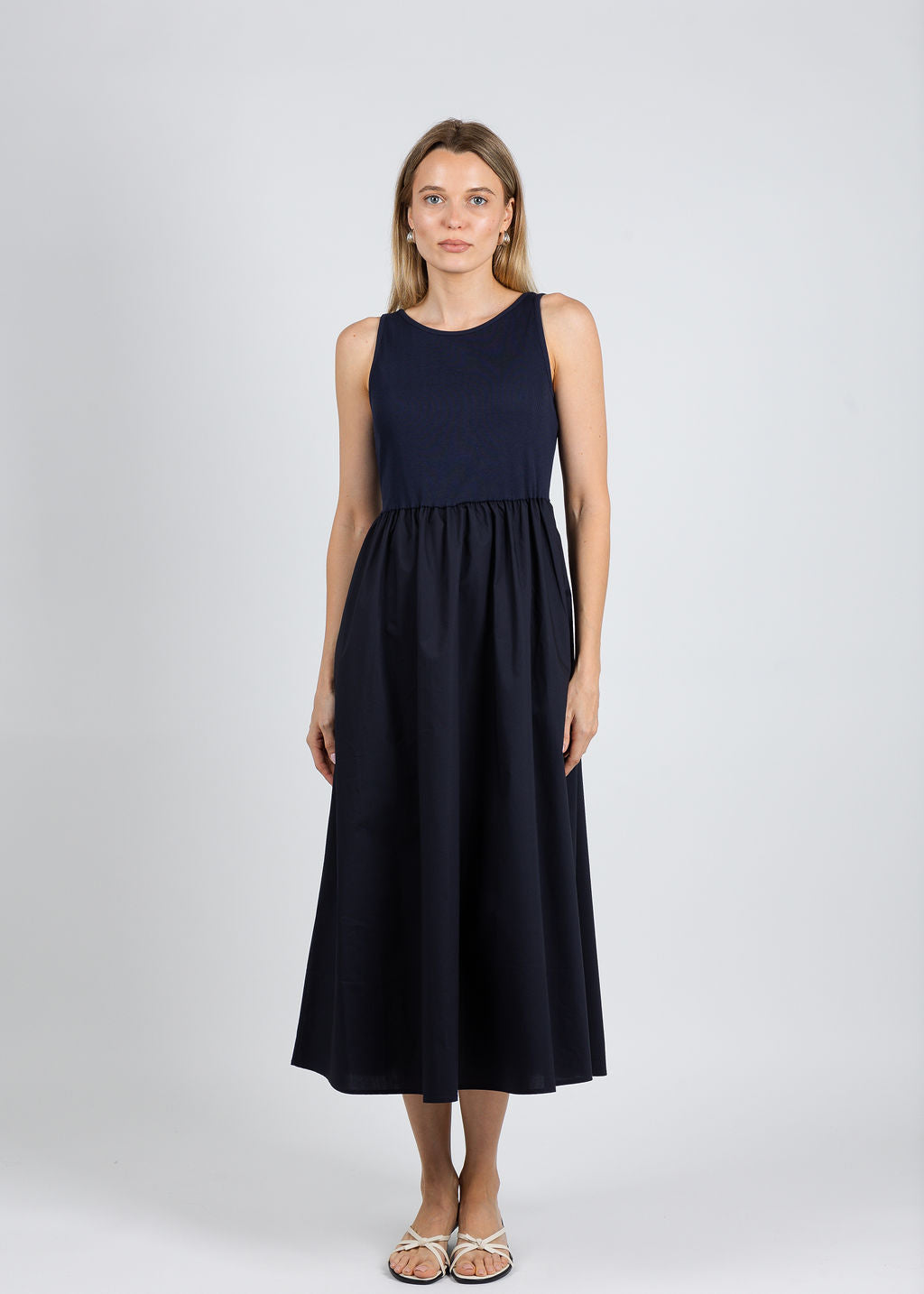 Elliott Lauren Rib Knit Woven Combo Dress in Navy available at Barbara Katz
