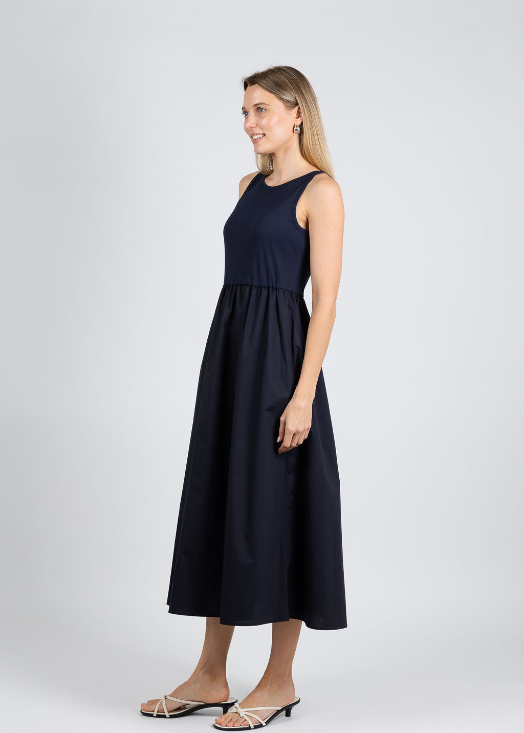 Elliott Lauren Rib Knit Woven Combo Dress in Navy available at Barbara Katz