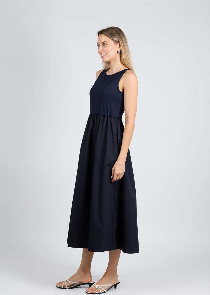 Elliott Lauren Rib Knit Woven Combo Dress in Navy available at Barbara Katz