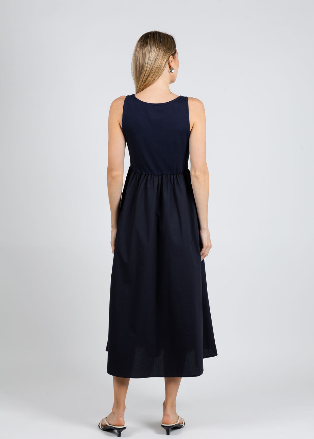 Elliott Lauren Rib Knit Woven Combo Dress in Navy available at Barbara Katz